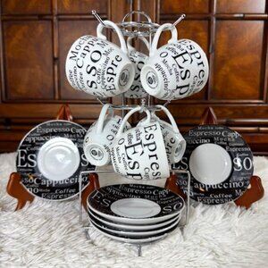 NWOT Gibson 12 Piece Expresso Cappuccino Mugs and Saucers + Metal Stand Set